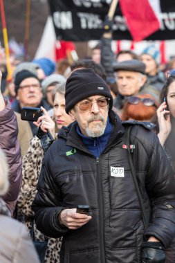 The demonstration of the Committee of the Defence  of the Democracy  KOD  for free media /wolne media/ and democracy against PIS government. Cracow , Poland