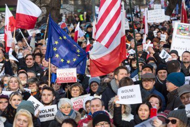 The demonstration of the Committee of the Defence  of the Democracy  KOD  for free media /wolne media/ and democracy against PIS government. Cracow , Poland
