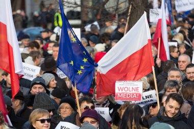 The demonstration of the Committee of the Defence  of the Democracy  KOD  for free media /wolne media/ and democracy against PIS government. Cracow , Poland