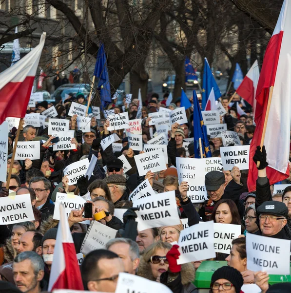 The demonstration of the Committee of the Defence  of the Democracy  KOD  for free media /wolne media/ and democracy against PIS government. Cracow , Poland — стокове фото