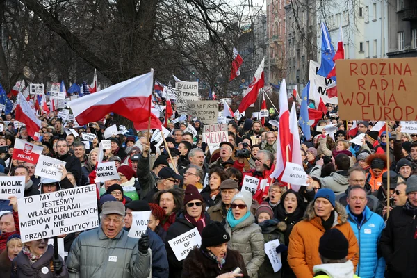 The demonstration of the Committee of the Defence  of the Democracy  KOD  for free media /wolne media/ and democracy against PIS government. Cracow , Poland — стокове фото