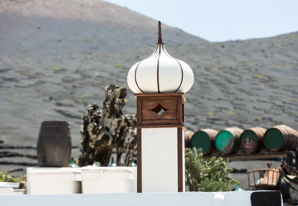 Barricas de vino sobre viñas de fondo y montañas, Lanzarote; Islas Canarias . — Foto de Stock