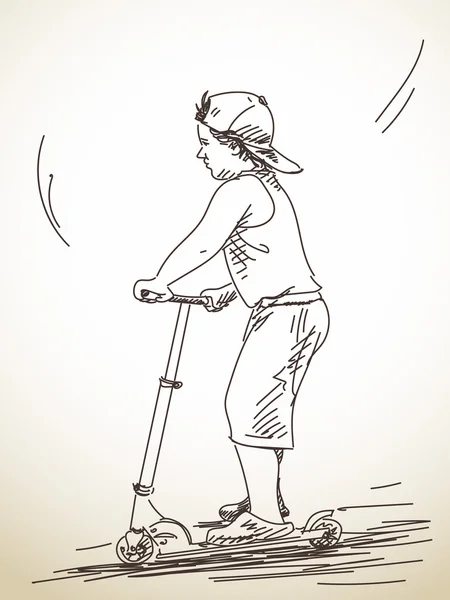 Szkic o dziecko jazda konna hulajnoga — Wektor stockowy