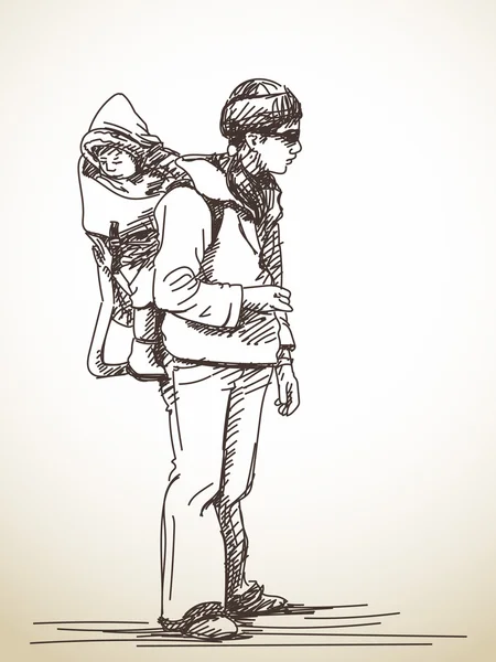 Mulher carrega seu bebê em suas costas — Vetor de Stock