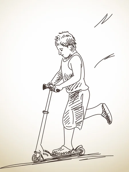 Szkic o dziecko jazda konna hulajnoga — Wektor stockowy