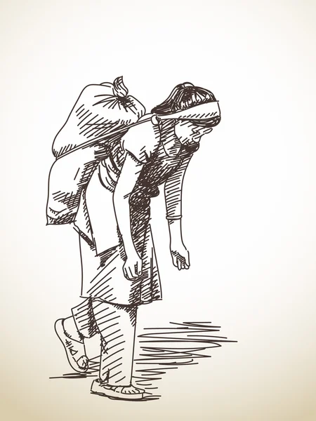 Femme porte un sac sur sa tête — Image vectorielle