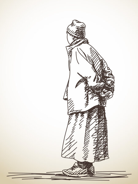 Sketch of tibetan man from back