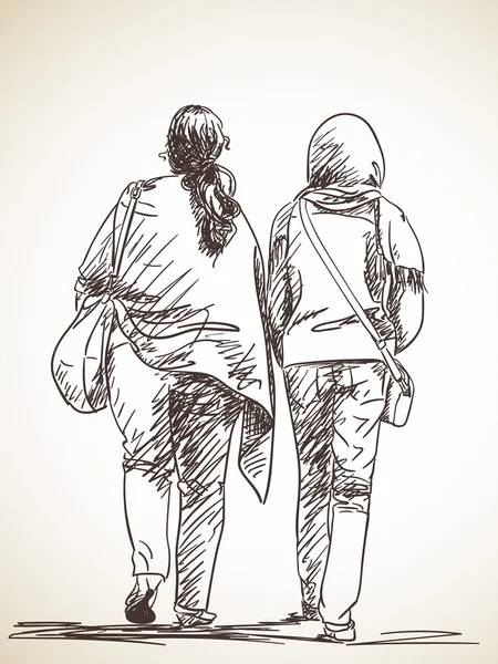 Croquis de deux femmes qui marchent — Image vectorielle