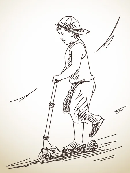 Bosquejo de niño montando patinete scooter — Archivo Imágenes Vectoriales