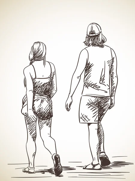 Bosquejo de pareja caminando — Vector de stock