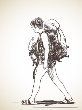 Sırt çantası ile yürüyen kadın taslağını