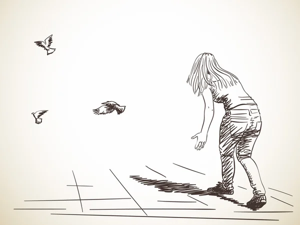 女性と無料飛行ハトのスケッチ — ストックベクタ