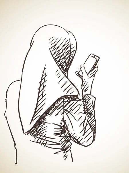 Sketsa wanita menggunakan telepon pintar - Stok Vektor