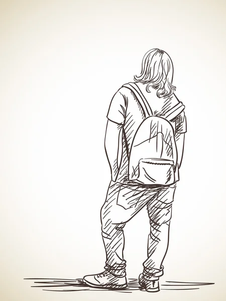 Croquis de l'homme debout avec sac à dos — Image vectorielle