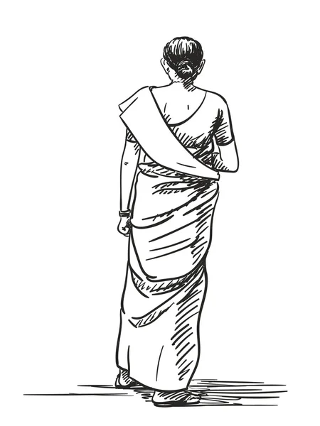 Skiss av vandrande kvinna i sari — Stock vektor