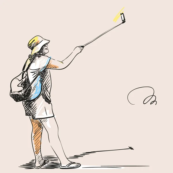 Femme prenant selfie avec téléphone intelligent — Image vectorielle