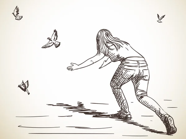 Ескіз жінки і безкоштовні літаючі голуби — стоковий вектор