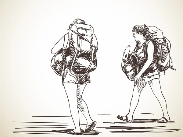 Jeunes femmes marchant avec des sacs à dos — Image vectorielle