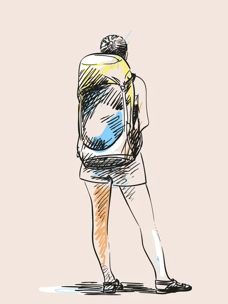 Esboço de mulher de pé com mochila —  Vetores de Stock