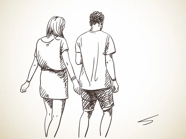 Bosquejo de pareja caminando — Vector de stock