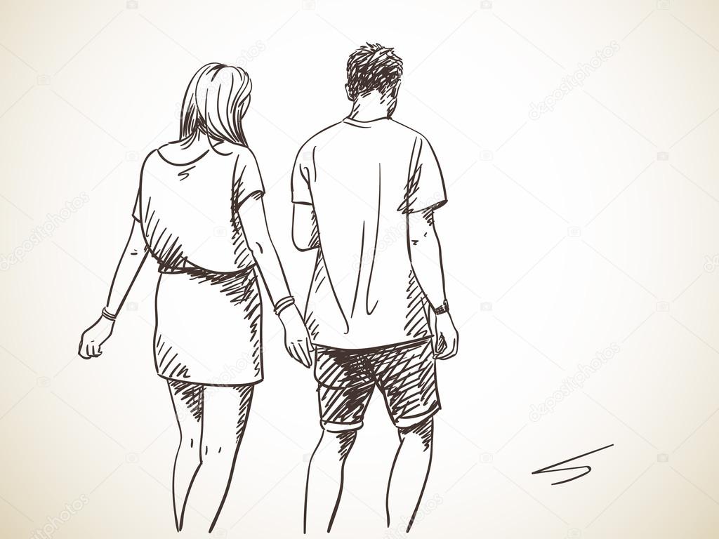 continuous line drawing of young couple together happy older couple walking  Illustration Stock  Adobe Stock