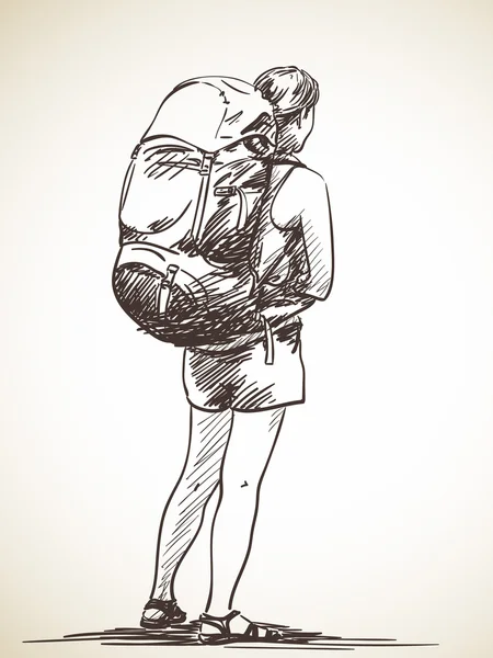 Femme debout avec sac à dos — Image vectorielle