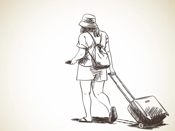 Mujer caminando con maleta — Vector de stock