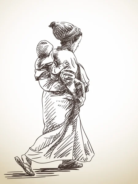Wanita membawa bayi - Stok Vektor
