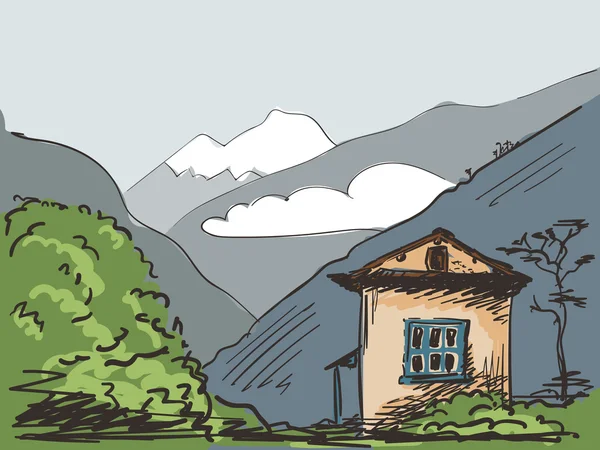 Housesketch domu na pozadí hory — Stockový vektor