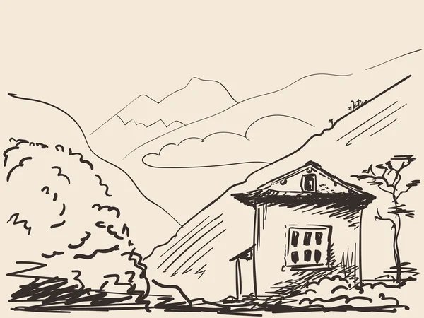 Sketsa rumah di latar belakang pegunungan - Stok Vektor