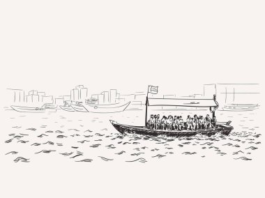 Geleneksel tekne abra 'nın taslağı - Dubai Yunancası' nda yerel toplu taşıma. El çizimi vektör illüstrasyonu