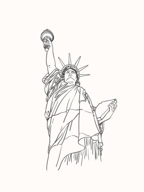 Özgürlük Anıtı 'nın çizimi New York Şehri ABD, El çizimi vektör doğrusal çizimi