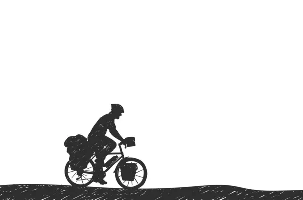 男性乗馬ツーリング自転車でバッグシルエット手描きベクトル バイクパッキング — ストックベクタ