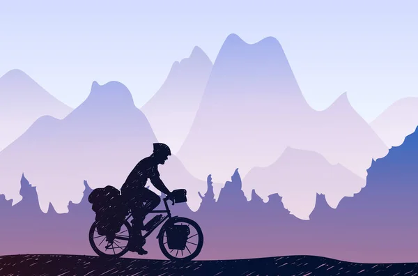 Homme Vélo Randonnée Avec Des Sacs Avec Fond Montagnes Emballage — Image vectorielle