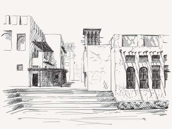 Szkic Starej Architektury Miejskiej Dziedzictwa Dubaju Ilustracja Wektora Zjednoczone Emiraty — Wektor stockowy