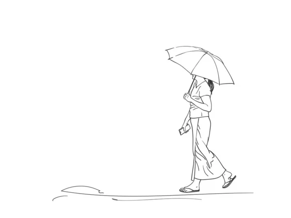 Schizzo Donna Che Cammina Con Ombrello Vista Posteriore Illustrazione Vettoriale — Vettoriale Stock