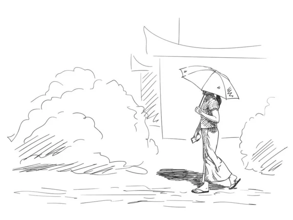 Croquis Femme Marchante Avec Parasol Vue Dos Illustration Vectorielle Dessinée — Image vectorielle