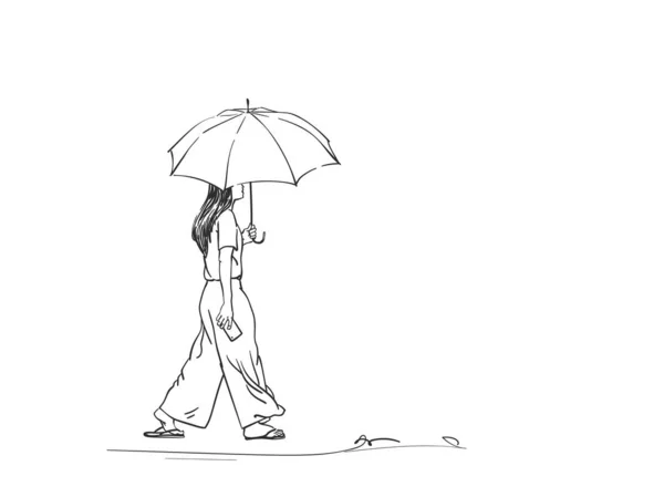 Szkic Chodzącej Dziewczyny Parasolem Widok Tyłu Ręcznie Rysowane Wektor Ilustracja — Wektor stockowy