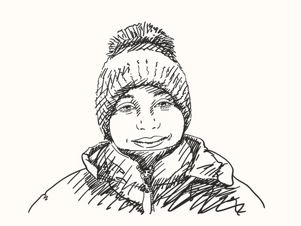 Schizzo Giovane Ragazza Cappello Invernale Illustrazione Vettoriale Disegnata Mano — Vettoriale Stock