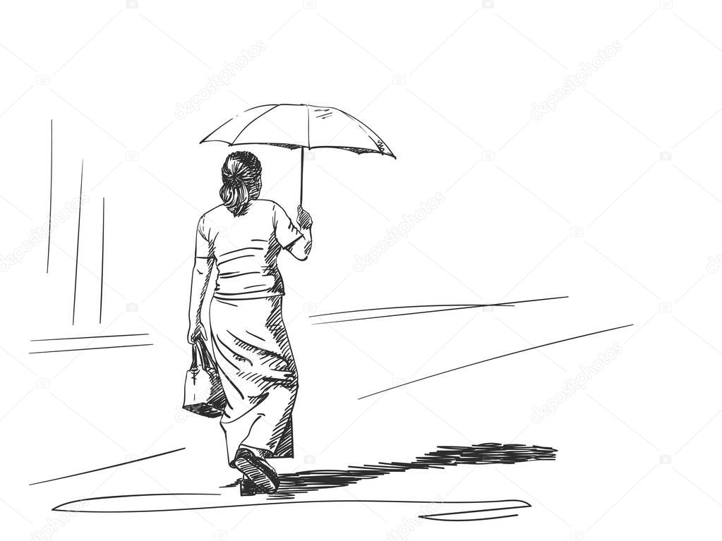 Sketch of walking woman with sun umbrella, back view, Hand drawn vector illustration