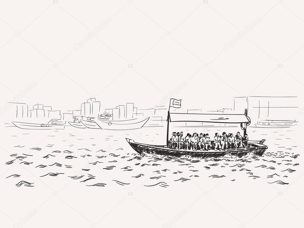 Sketch of traditional boat abra - local public transport on Dubai Greek. Hand drawn vector illustration