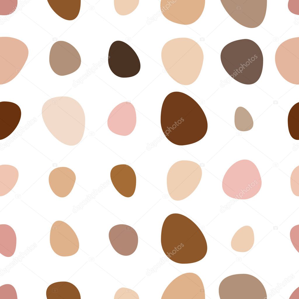 Abstract streamlined shapes of different skin tones and different sizes on white background. Polka dot seamless pattern. Diversity and unity illustration