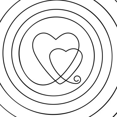 Aralıksız çizgiden oluşan soyut arkaplan, iki kalbi sarmal, siyah ve beyaz vektör içinde çiziyor. Aşk kavramının minimalist çizimi.