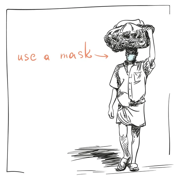 Homem Indiano Máscara Médica Lungi Camisa Solta Carrega Cesta Vime —  Vetores de Stock