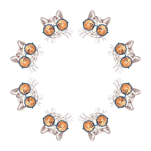 Шаблон Круглої Рамки Зроблений Восьми Ескізів Котячої Голови Помаранчевими Окулярами — стоковий вектор