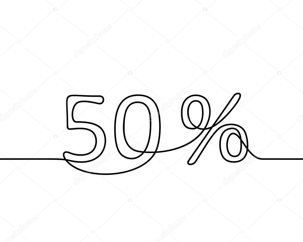 Continuous line drawing of 50 percent sign, Black and white vector minimalistic hand drawn illustration