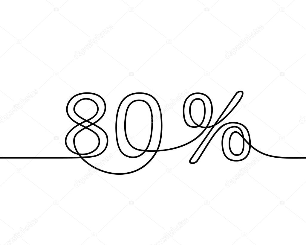 Continuous line drawing of 80 percent sign, Black and white vector minimalistic hand drawn illustration