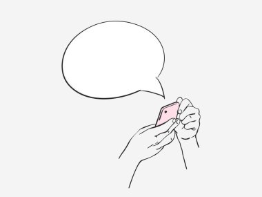 Ellerindeki pembe akıllı telefondan konuşma baloncuğunun vektör çizimi.