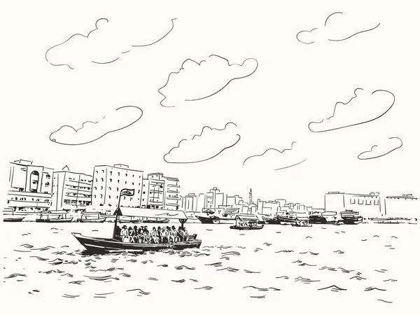 Croquis Dubaï Grec Avec Abra Bateau Traditionnel Transports Publics Locaux — Image vectorielle