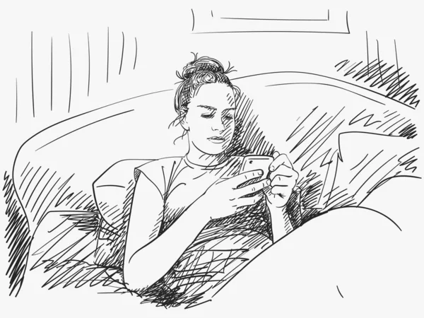 Διάνυσμα Σκίτσο Της Νεαρής Κοπέλας Που Κάθεται Στο Κρεβάτι Χρησιμοποιώντας — Διανυσματικό Αρχείο